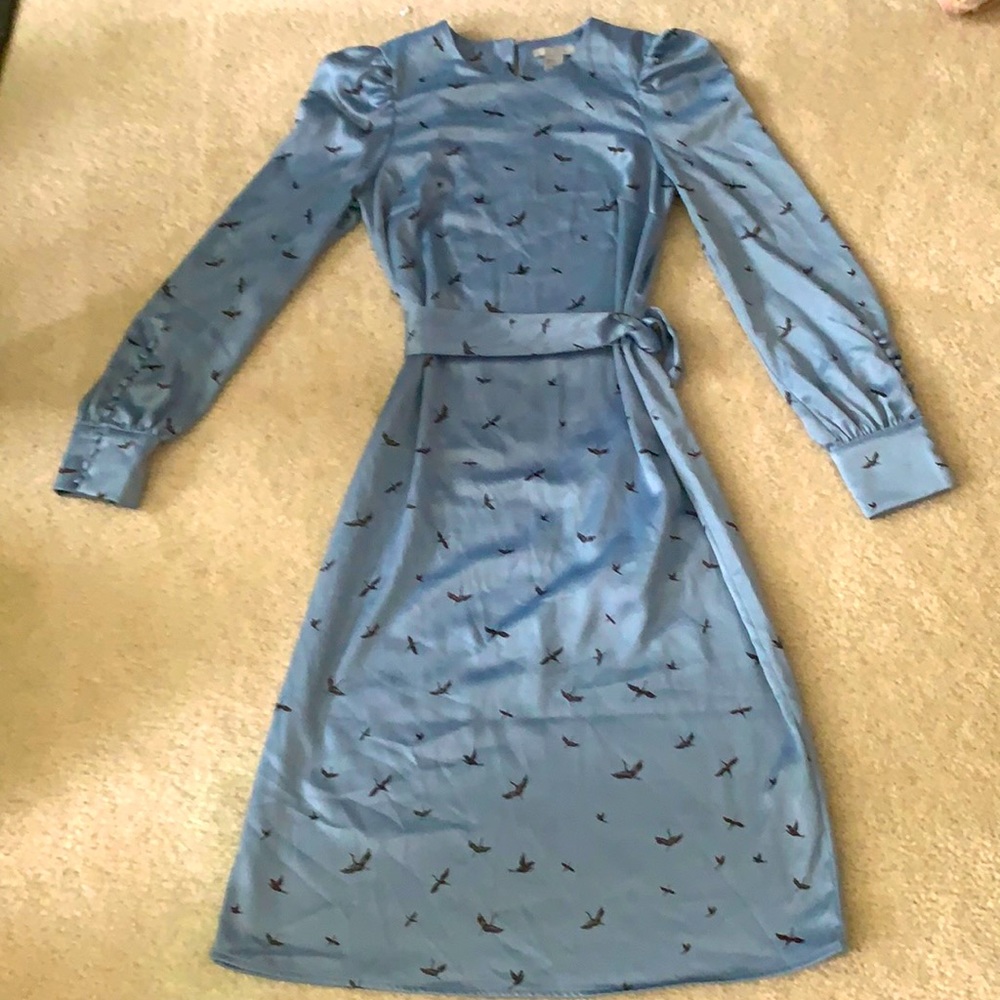 Blue Long-Sleeve Belted Midi Dress